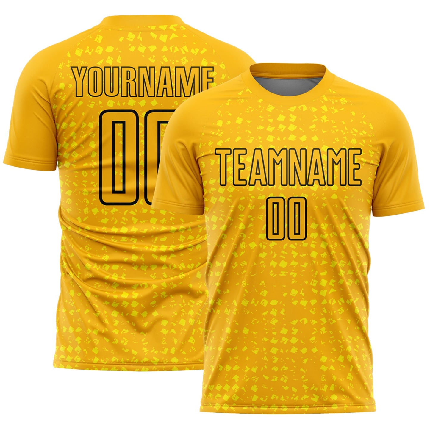 Custom Gold Black-Light Yellow Digital Geometric Fragment Speckles Sublimation Soccer Uniform Jersey - Main View
