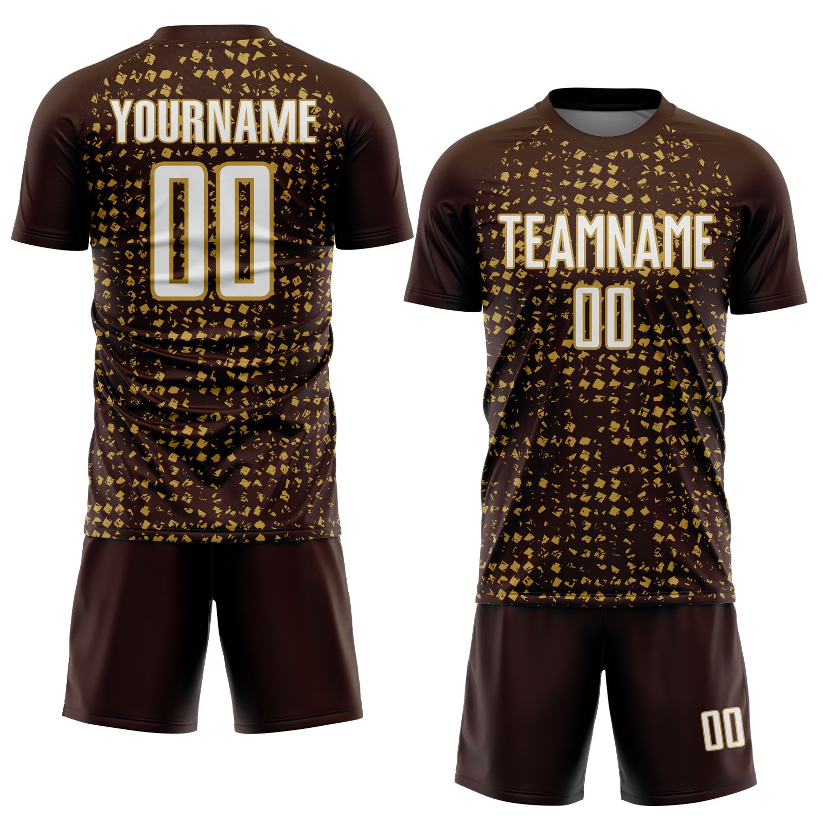 Custom Brown White-Old Gold Digital Geometric Fragment Speckles Sublimation Soccer Uniform Jersey view 2