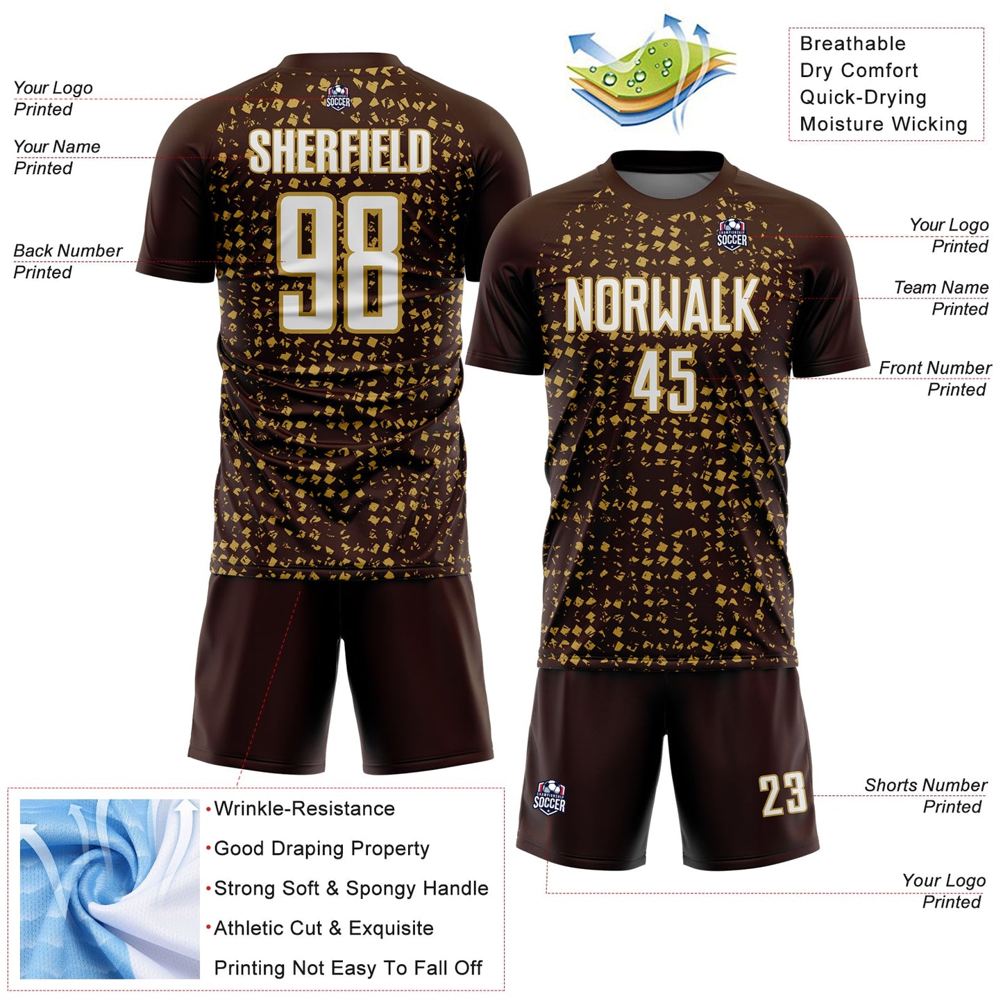 Custom Brown White-Old Gold Digital Geometric Fragment Speckles Sublimation Soccer Uniform Jersey view 4