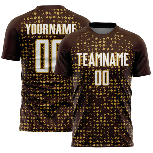 Custom Brown White-Old Gold Digital Geometric Fragment Speckles Sublimation Soccer Uniform Jersey - Main View