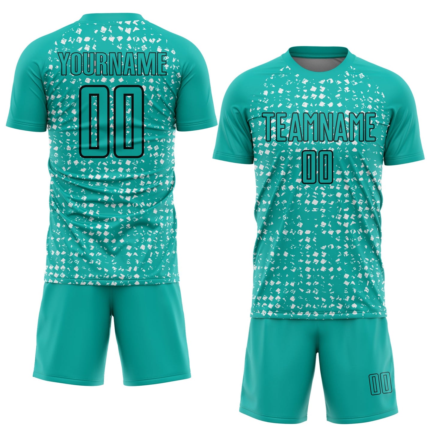 Custom Aqua Black-White Digital Geometric Fragment Speckles Sublimation Soccer Uniform Jersey view 2
