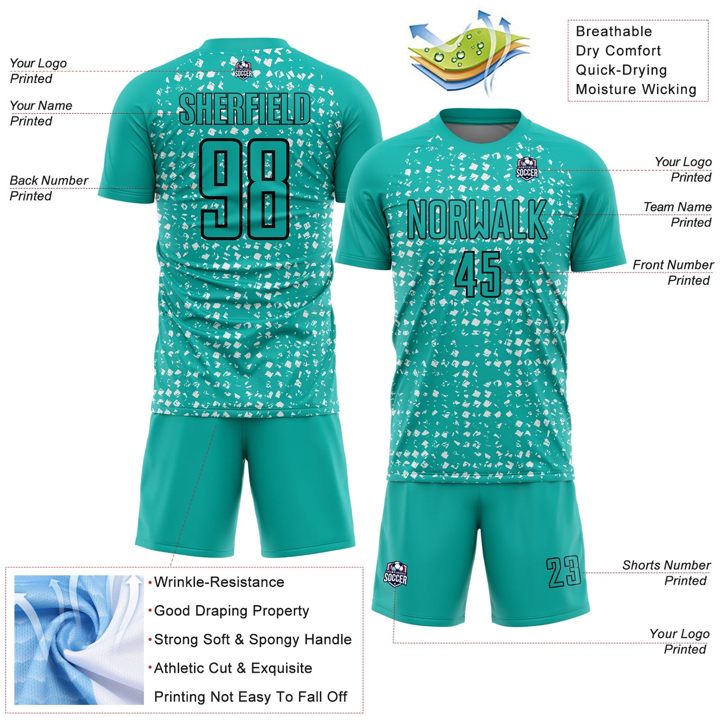 Custom Aqua Black-White Digital Geometric Fragment Speckles Sublimation Soccer Uniform Jersey view 4