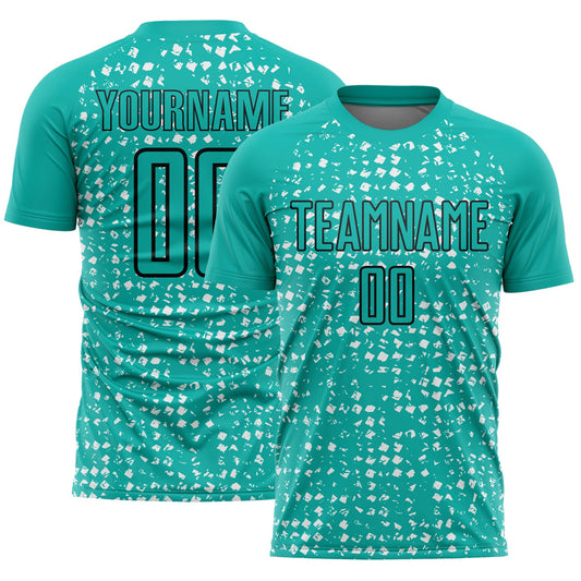 Custom Aqua Black-White Digital Geometric Fragment Speckles Sublimation Soccer Uniform Jersey - Main View
