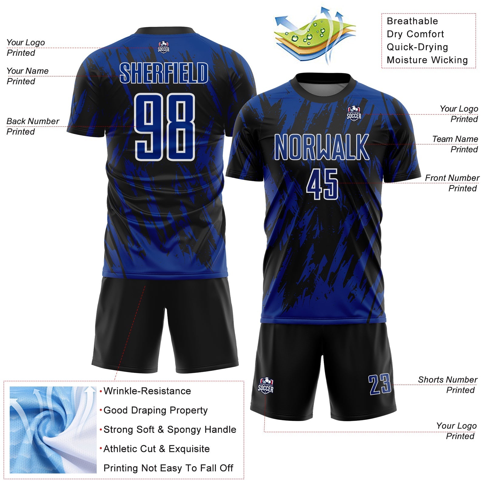 Custom Black Royal-White Splatter Torn Sharp Brush Stroke Sublimation Soccer Uniform Jersey view 4