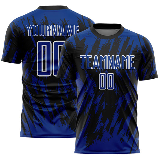 Custom Black Royal-White Splatter Torn Sharp Brush Stroke Sublimation Soccer Uniform Jersey - Main View