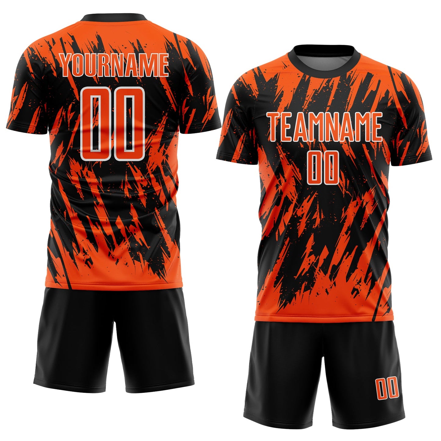 Custom Black Orange-White Splatter Torn Sharp Brush Stroke Sublimation Soccer Uniform Jersey view 2