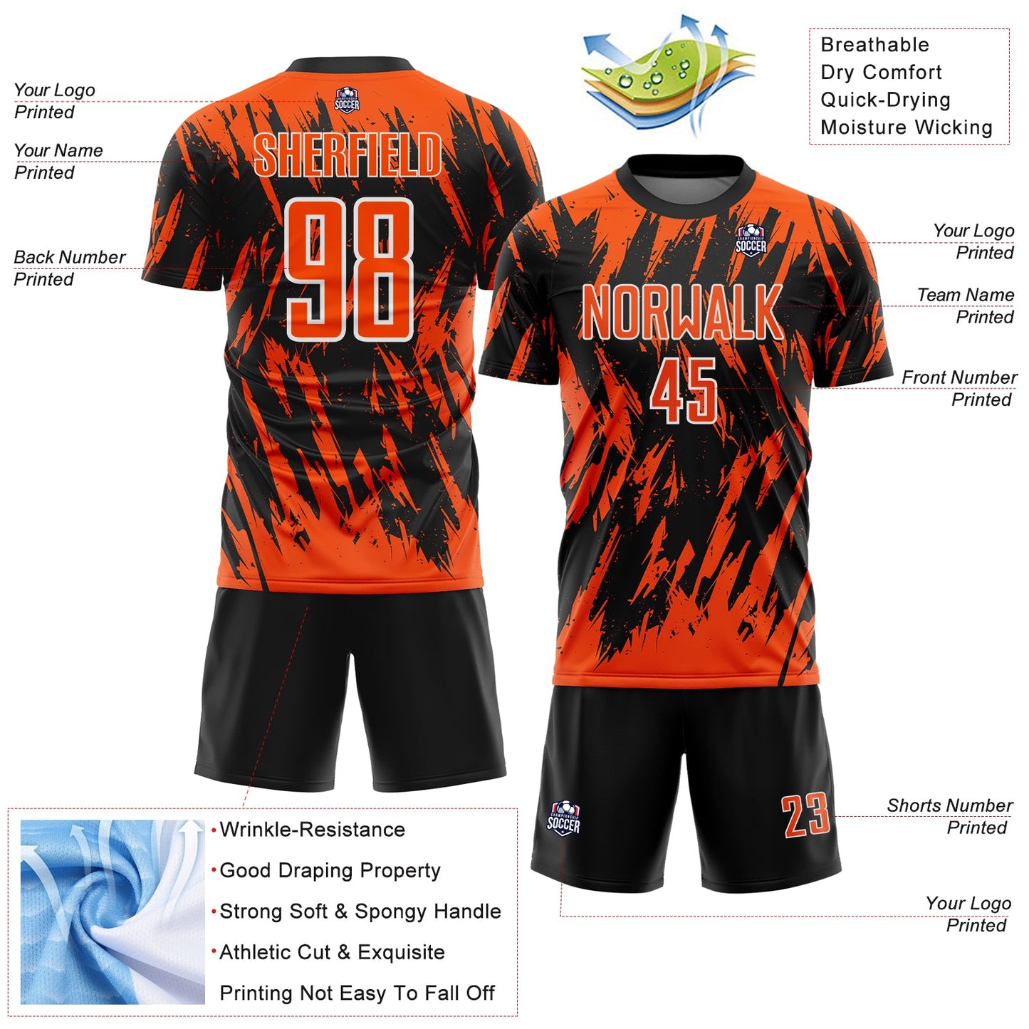 Custom Black Orange-White Splatter Torn Sharp Brush Stroke Sublimation Soccer Uniform Jersey view 4