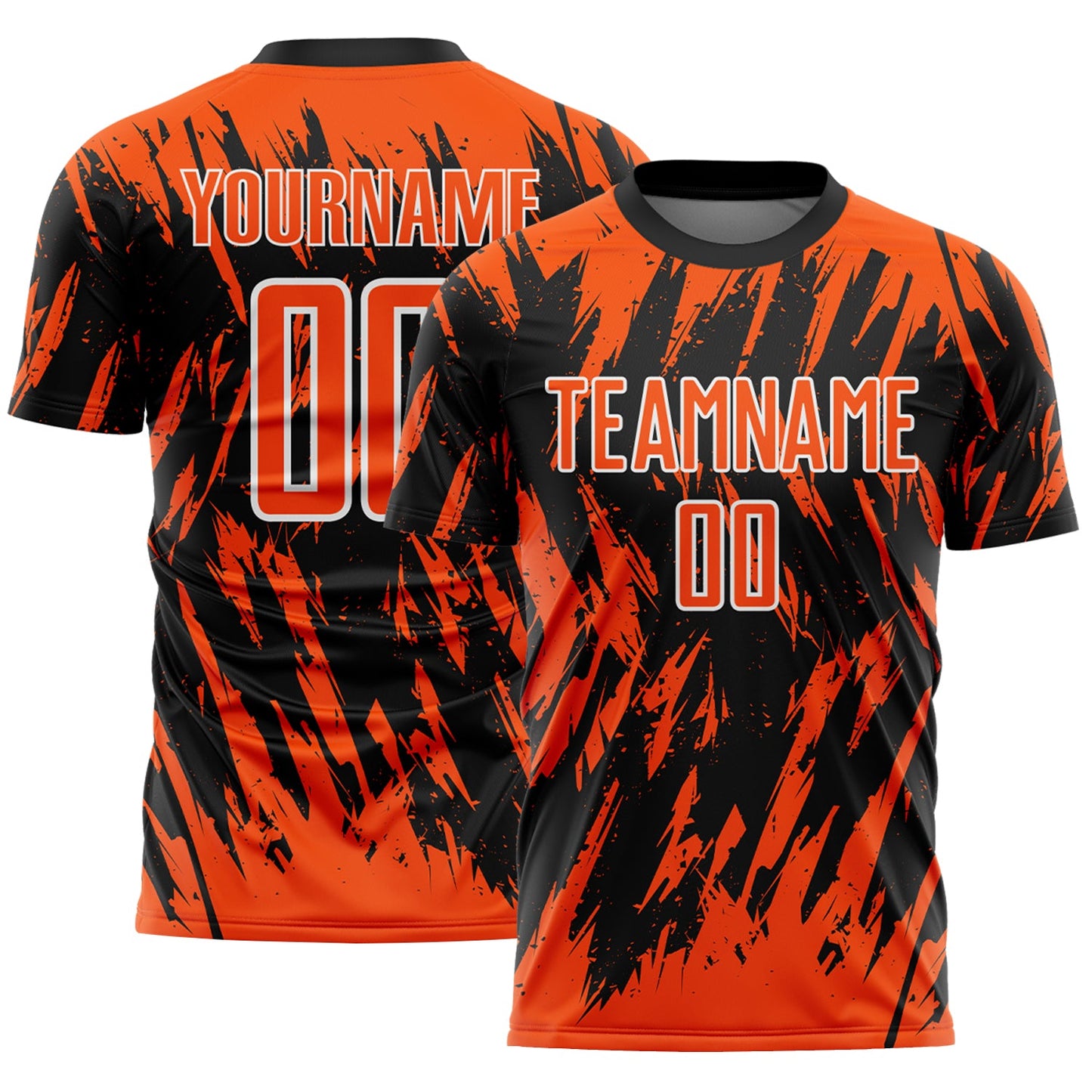 Custom Black Orange-White Splatter Torn Sharp Brush Stroke Sublimation Soccer Uniform Jersey - Main View