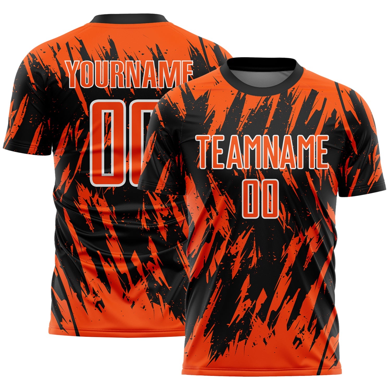 Custom Black Orange-White Splatter Torn Sharp Brush Stroke Sublimation Soccer Uniform Jersey - Main View