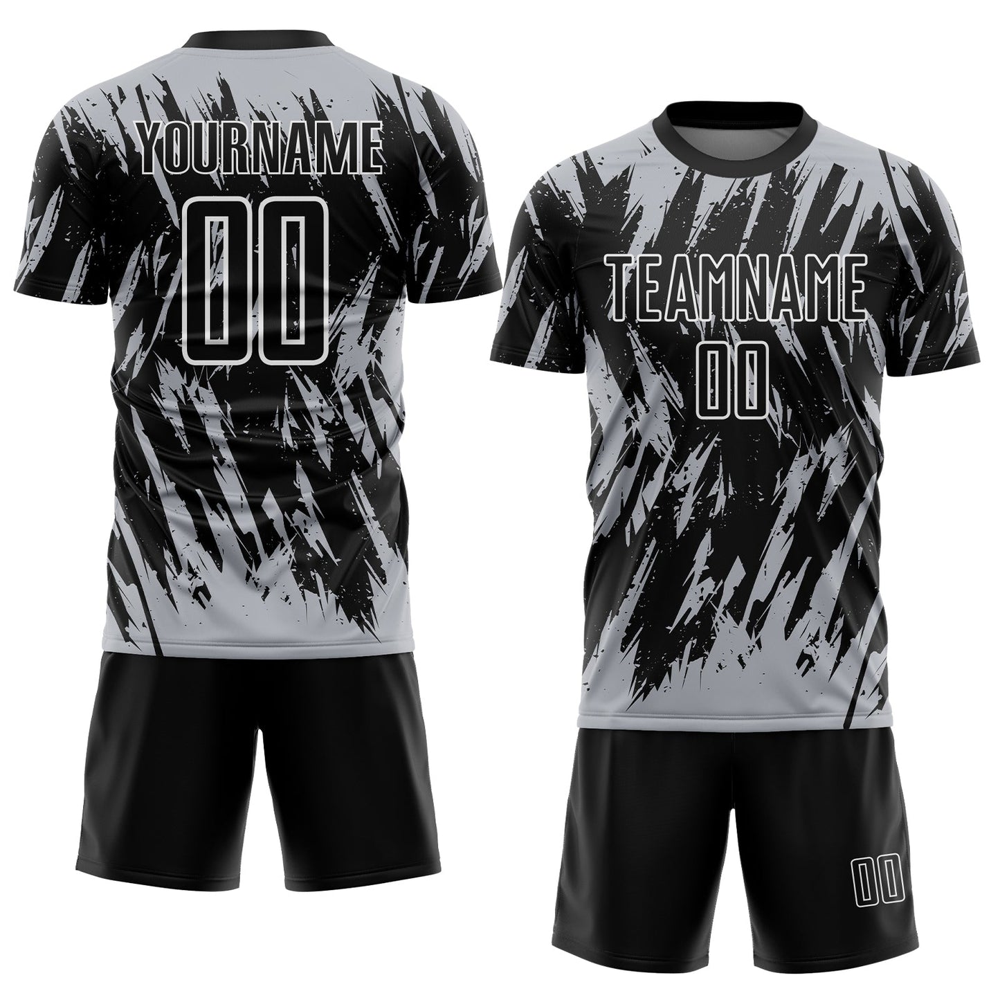 Custom Black Gray-White Splatter Torn Sharp Brush Stroke Sublimation Soccer Uniform Jersey view 2