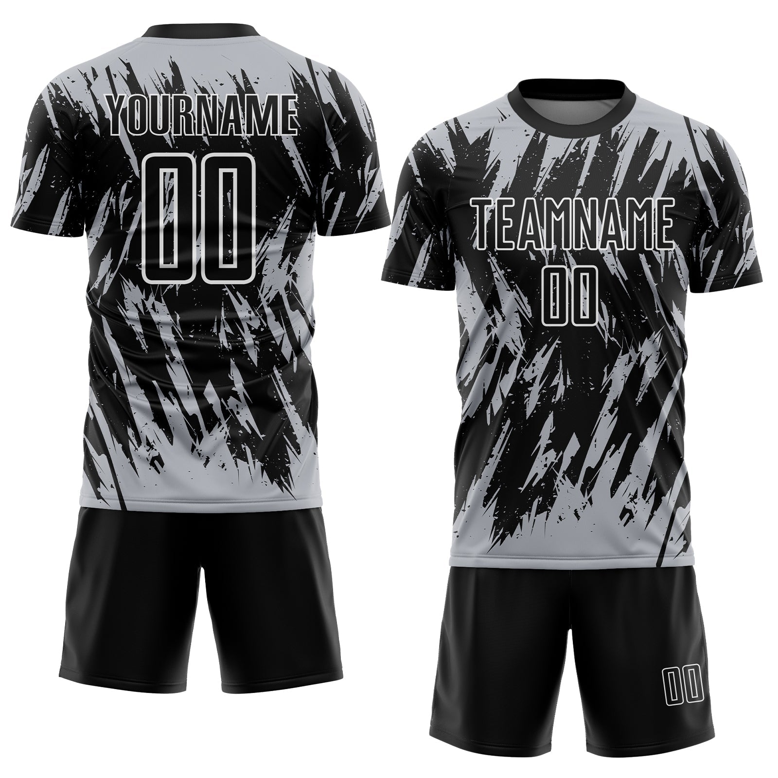 Custom Black Gray-White Splatter Torn Sharp Brush Stroke Sublimation Soccer Uniform Jersey view 2