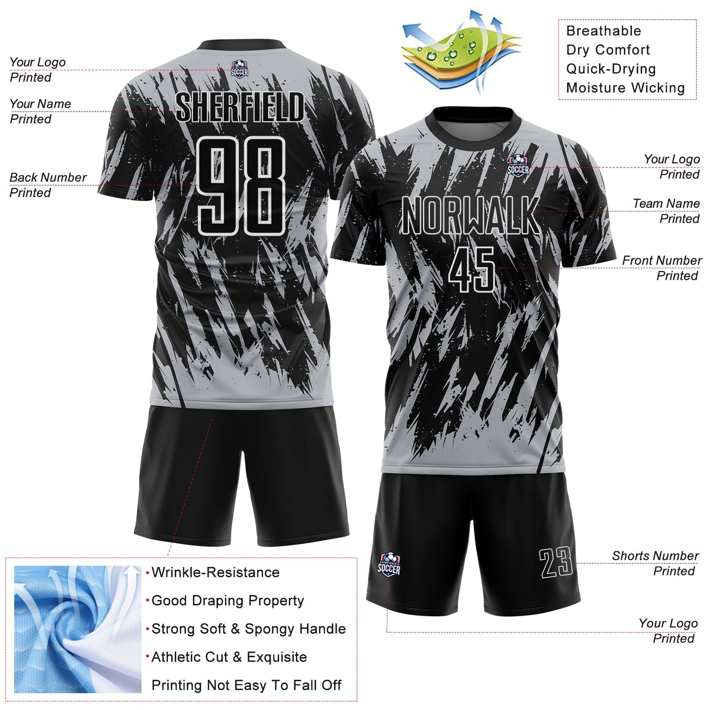 Custom Black Gray-White Splatter Torn Sharp Brush Stroke Sublimation Soccer Uniform Jersey view 4