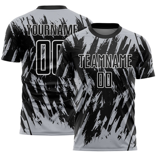 Custom Black Gray-White Splatter Torn Sharp Brush Stroke Sublimation Soccer Uniform Jersey - Main View