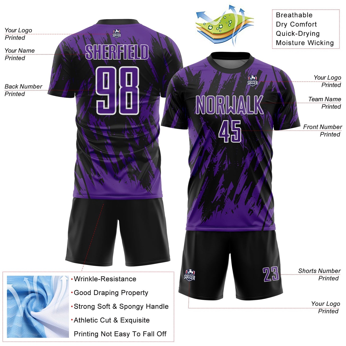 Custom Black Purple-White Splatter Torn Sharp Brush Stroke Sublimation Soccer Uniform Jersey view 4