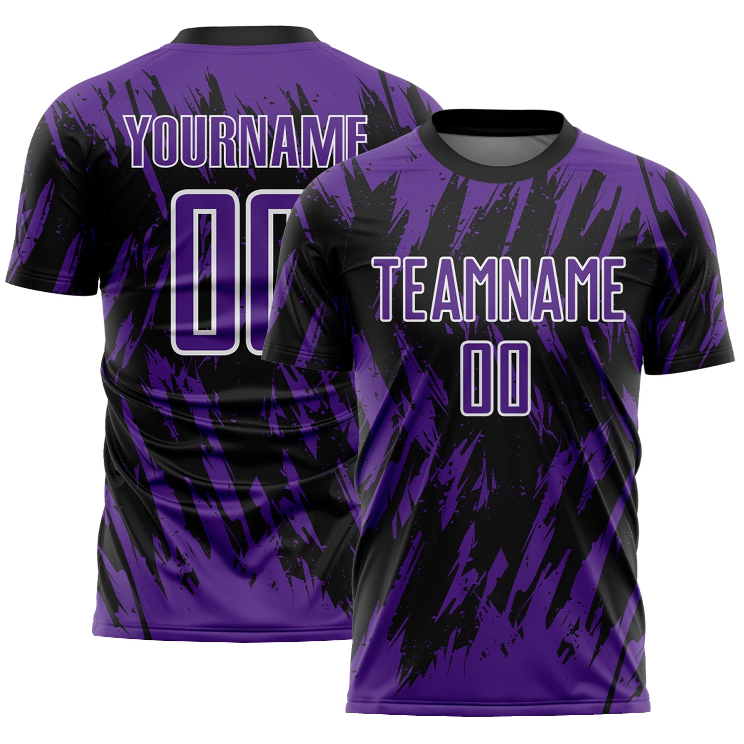 Custom Black Purple-White Splatter Torn Sharp Brush Stroke Sublimation Soccer Uniform Jersey - Main View