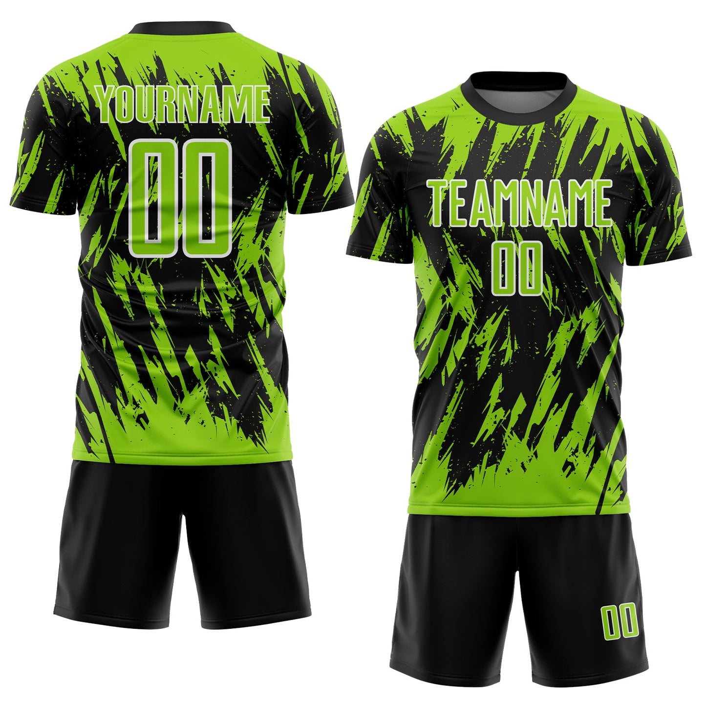 Custom Black Neon Green-White Splatter Torn Sharp Brush Stroke Sublimation Soccer Uniform Jersey view 2