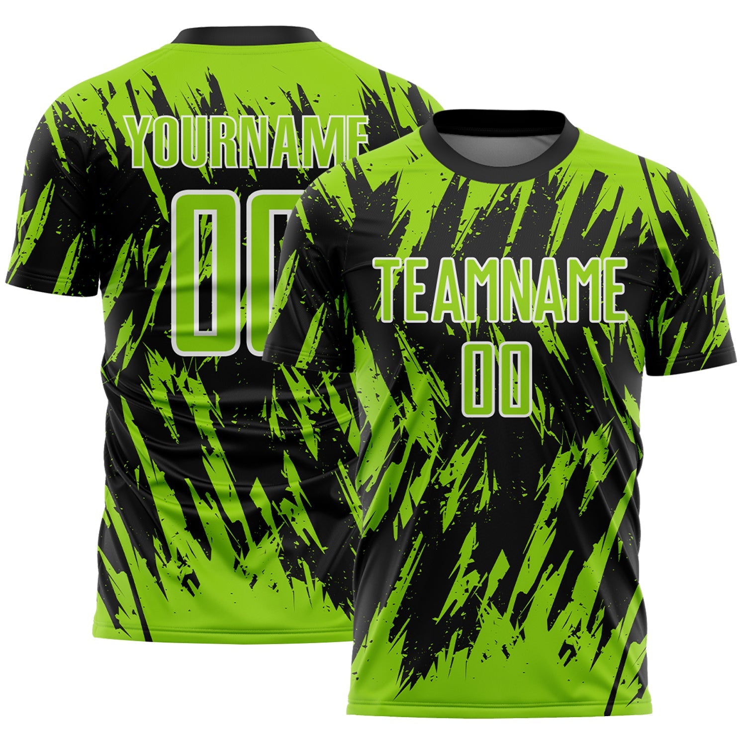 Custom Black Neon Green-White Splatter Torn Sharp Brush Stroke Sublimation Soccer Uniform Jersey - Main View