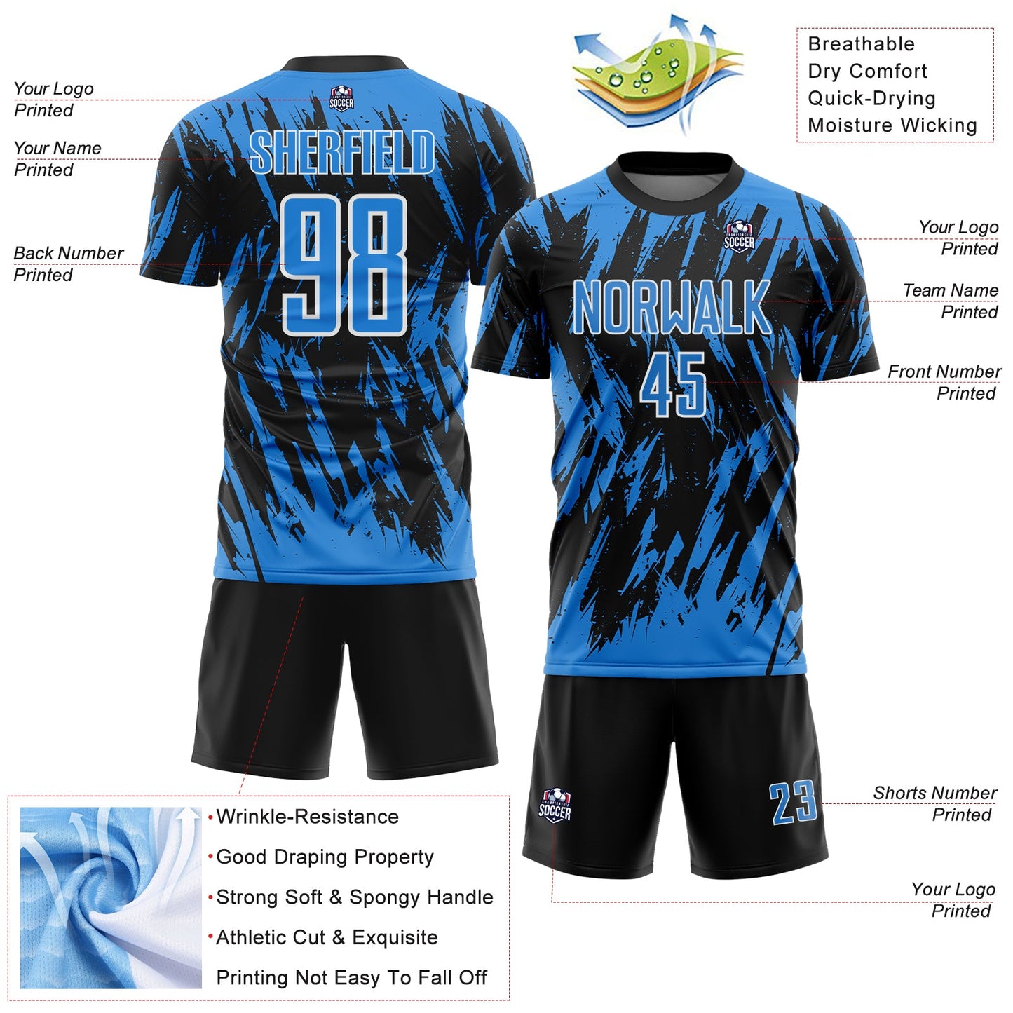 Custom Black Powder Blue-White Splatter Torn Sharp Brush Stroke Sublimation Soccer Uniform Jersey view 4
