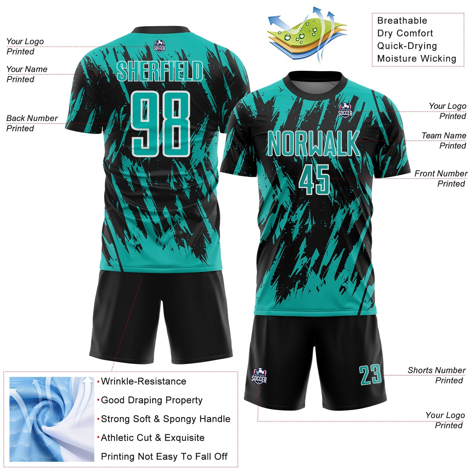 Custom Black Aqua-White Splatter Torn Sharp Brush Stroke Sublimation Soccer Uniform Jersey view 4