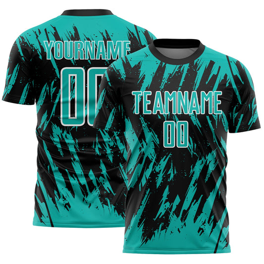 Custom Black Aqua-White Splatter Torn Sharp Brush Stroke Sublimation Soccer Uniform Jersey - Main View