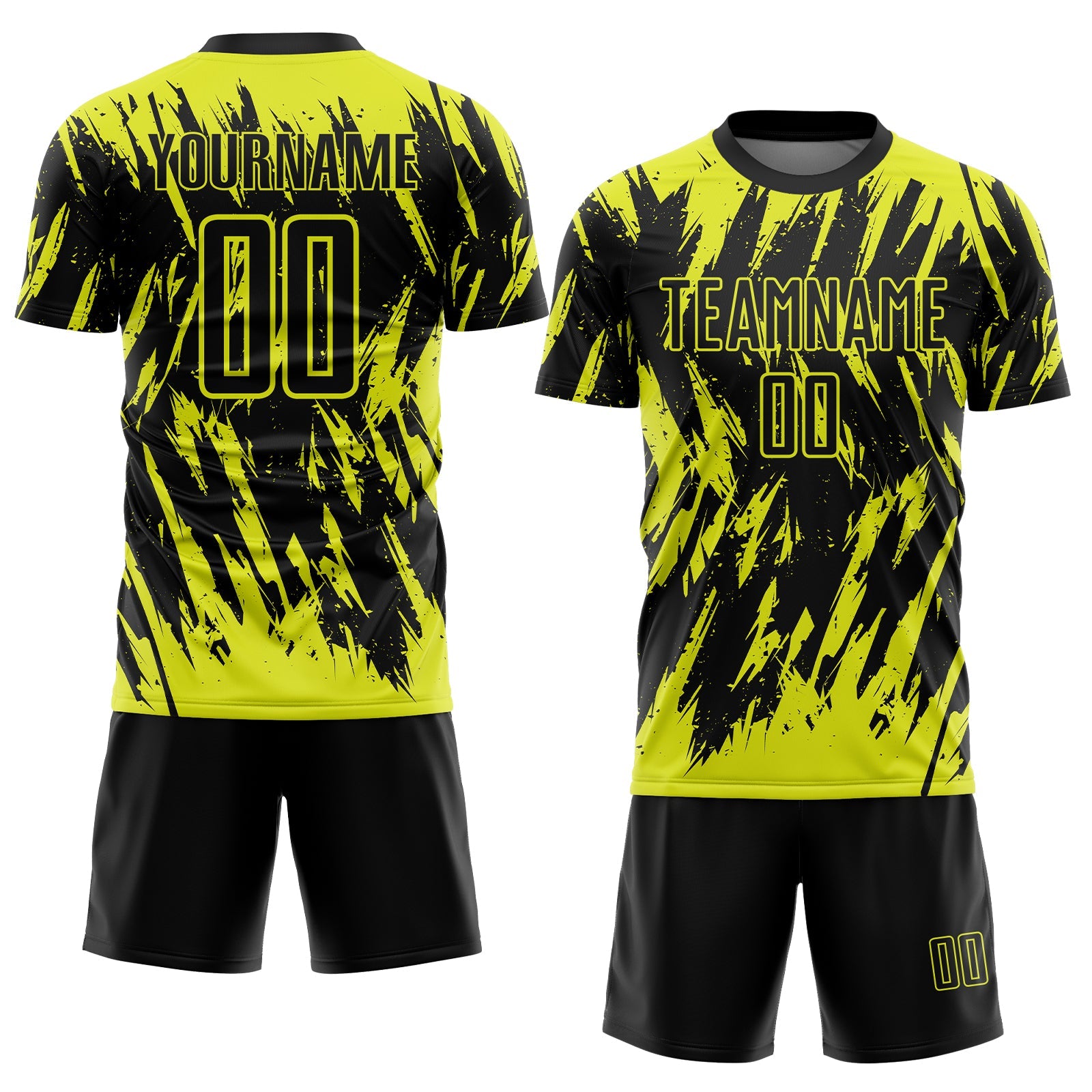 Custom Black-Neon Yellow Splatter Torn Sharp Brush Stroke Sublimation Soccer Uniform Jersey view 2