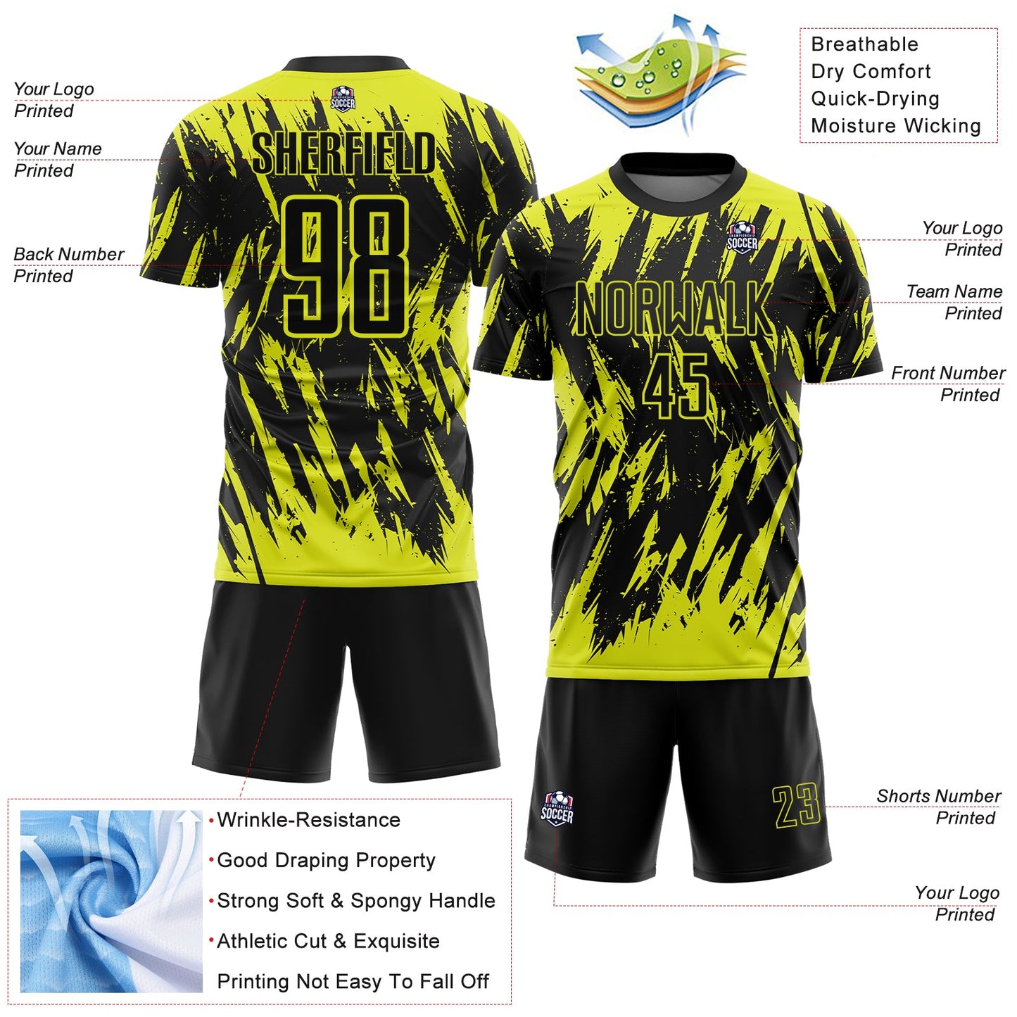 Custom Black-Neon Yellow Splatter Torn Sharp Brush Stroke Sublimation Soccer Uniform Jersey view 4