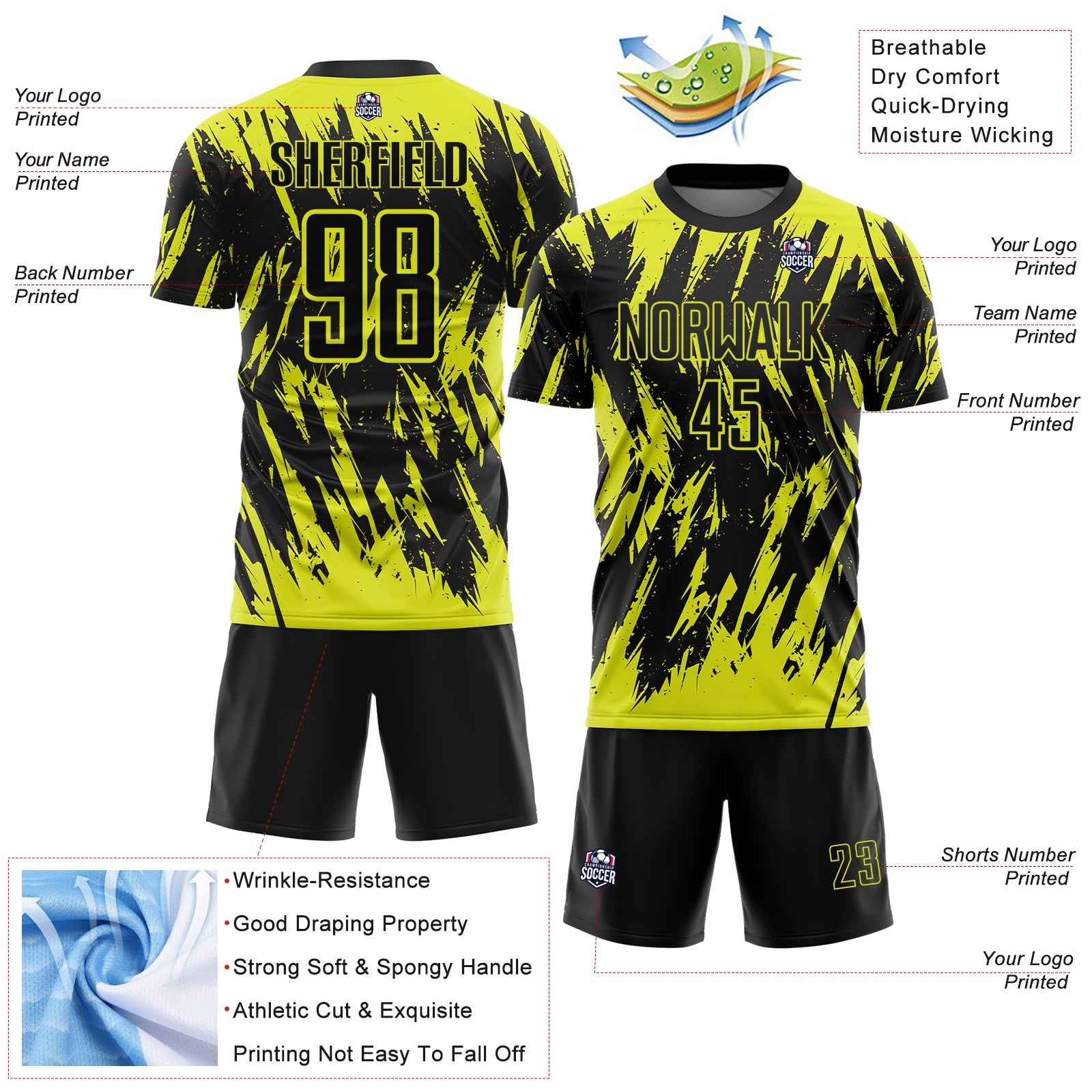Custom Black-Neon Yellow Splatter Torn Sharp Brush Stroke Sublimation Soccer Uniform Jersey view 4