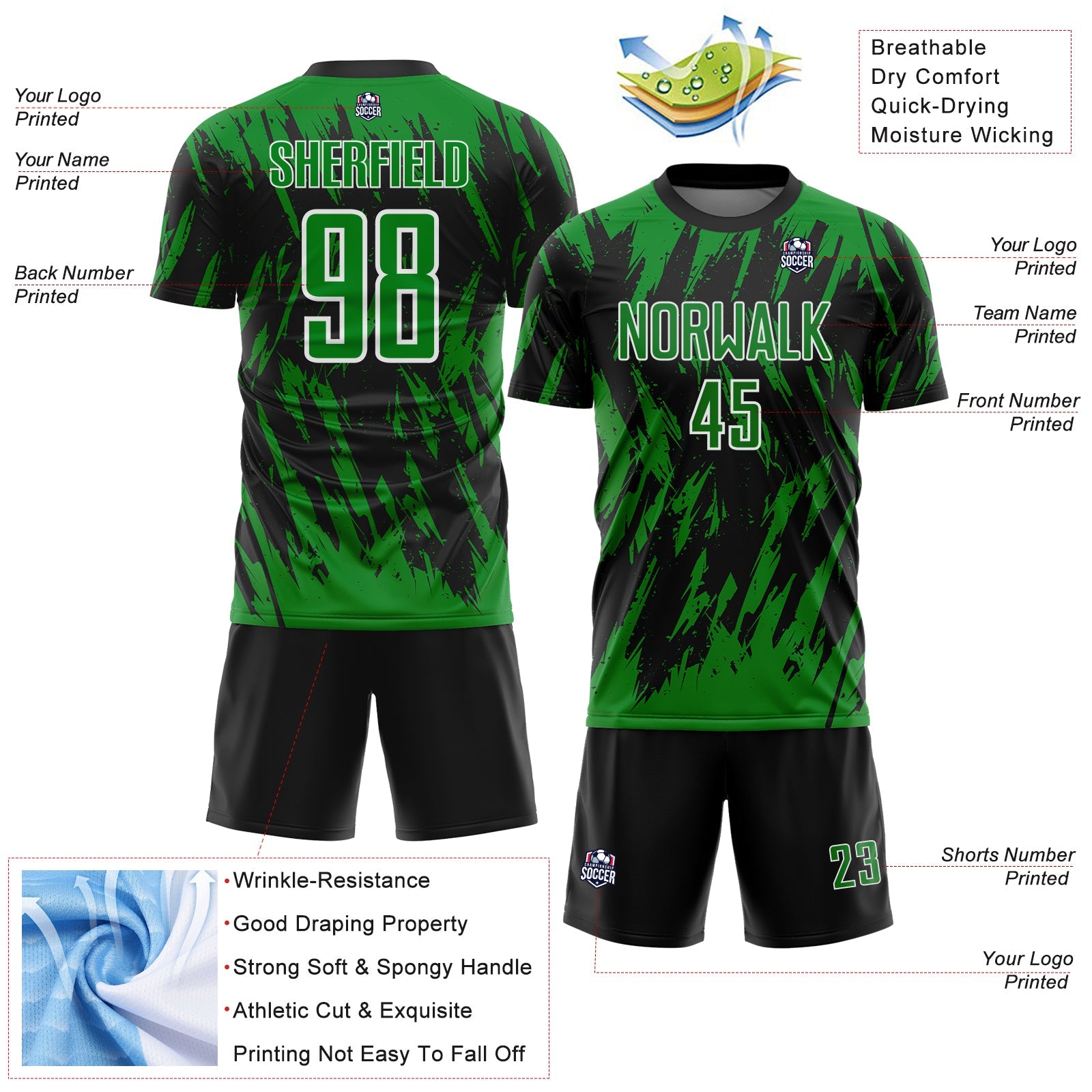 Custom Black Grass Green-White Splatter Torn Sharp Brush Stroke Sublimation Soccer Uniform Jersey view 4