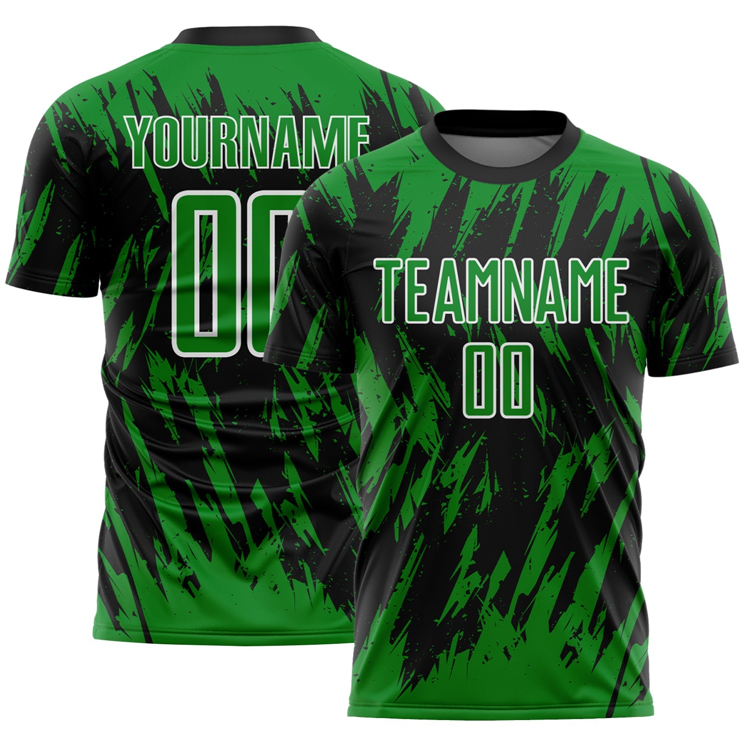 Custom Black Grass Green-White Splatter Torn Sharp Brush Stroke Sublimation Soccer Uniform Jersey - Main View