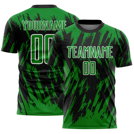 Custom Black Grass Green-White Splatter Torn Sharp Brush Stroke Sublimation Soccer Uniform Jersey - Main View