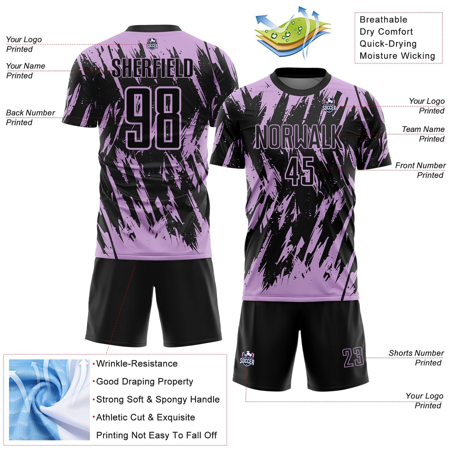 Custom Black-Light Purple Splatter Torn Sharp Brush Stroke Sublimation Soccer Uniform Jersey view 4