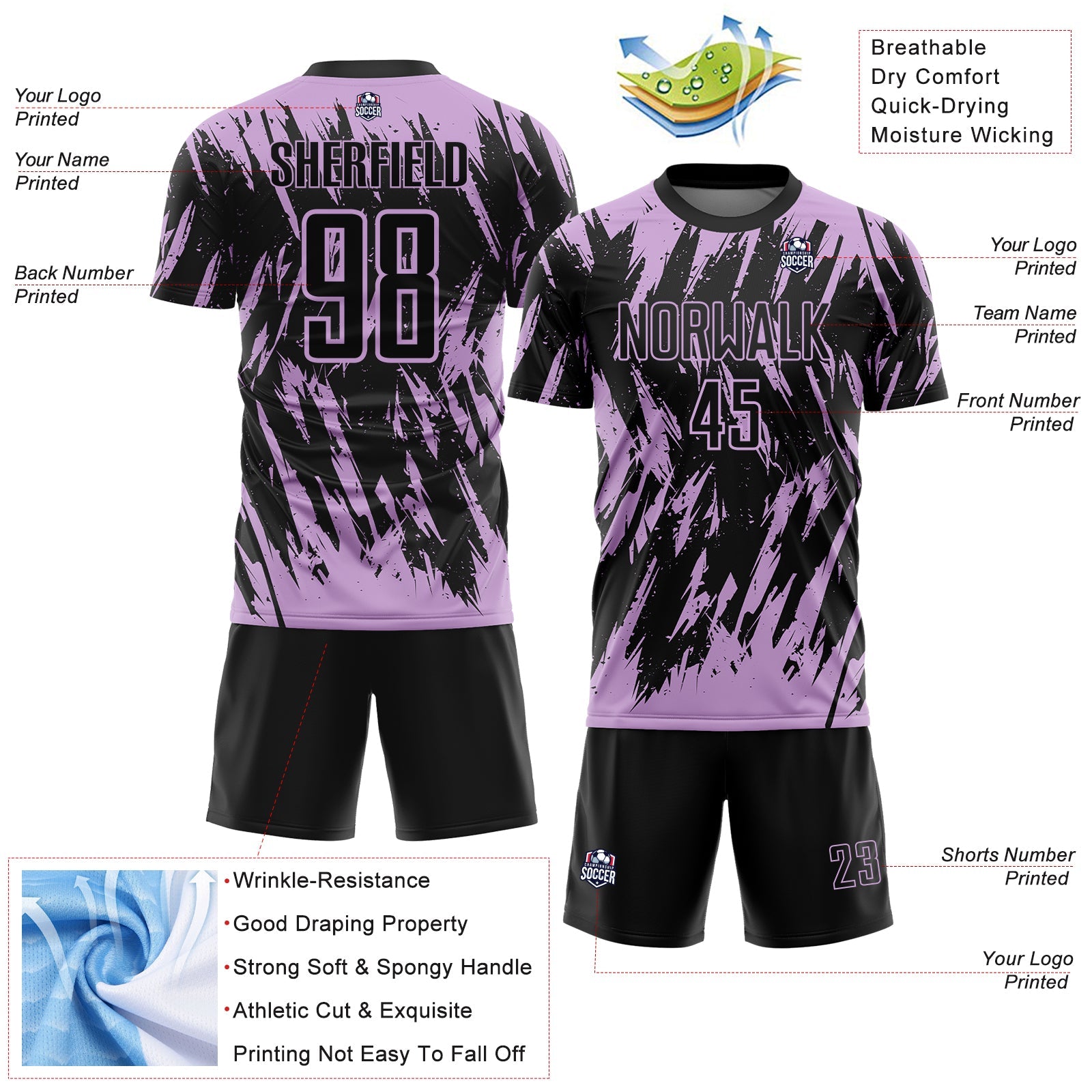 Custom Black-Light Purple Splatter Torn Sharp Brush Stroke Sublimation Soccer Uniform Jersey view 4