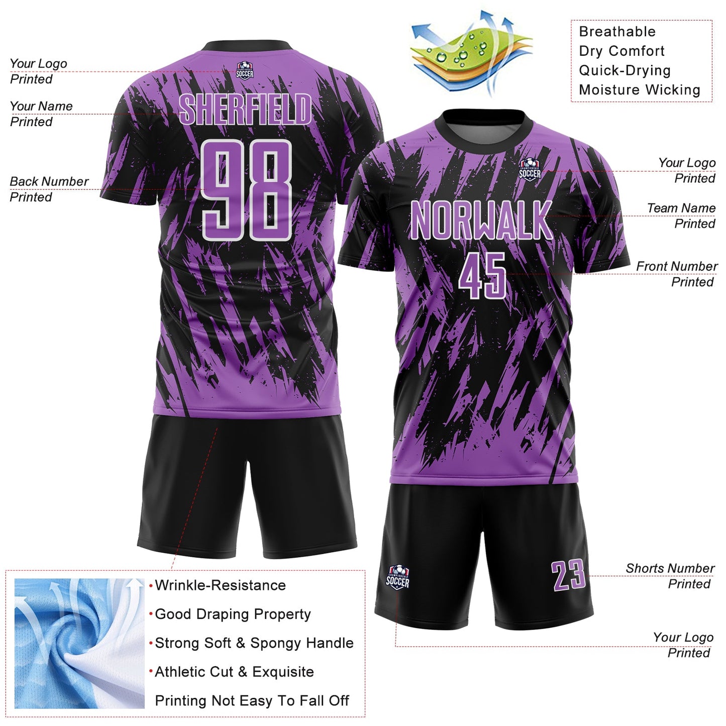 Custom Black Medium Purple-White Splatter Torn Sharp Brush Stroke Sublimation Soccer Uniform Jersey view 4