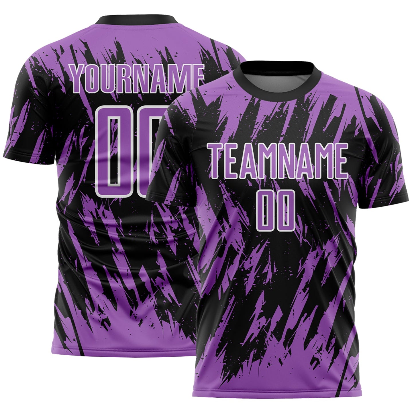 Custom Black Medium Purple-White Splatter Torn Sharp Brush Stroke Sublimation Soccer Uniform Jersey - Main View