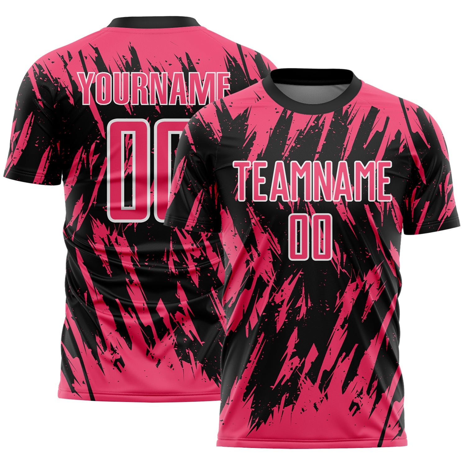 Custom Black Neon Pink-White Splatter Torn Sharp Brush Stroke Sublimation Soccer Uniform Jersey - Main View
