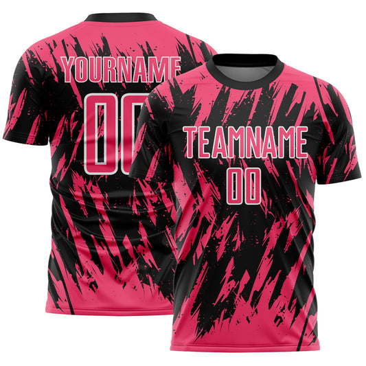 Custom Black Neon Pink-White Splatter Torn Sharp Brush Stroke Sublimation Soccer Uniform Jersey - Main View