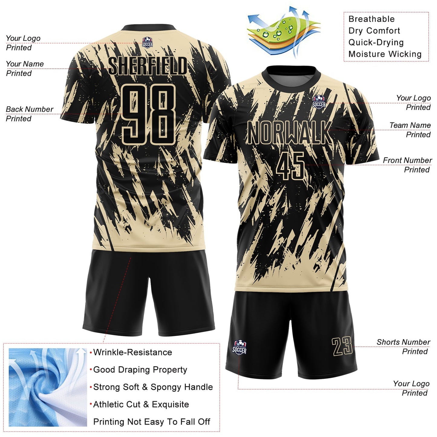 Custom Black-Cream Splatter Torn Sharp Brush Stroke Sublimation Soccer Uniform Jersey view 4