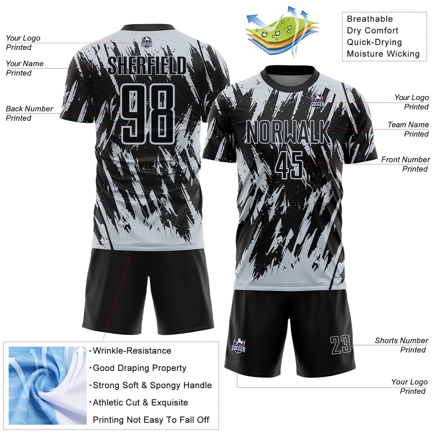 Custom Black-Silver Splatter Torn Sharp Brush Stroke Sublimation Soccer Uniform Jersey view 4