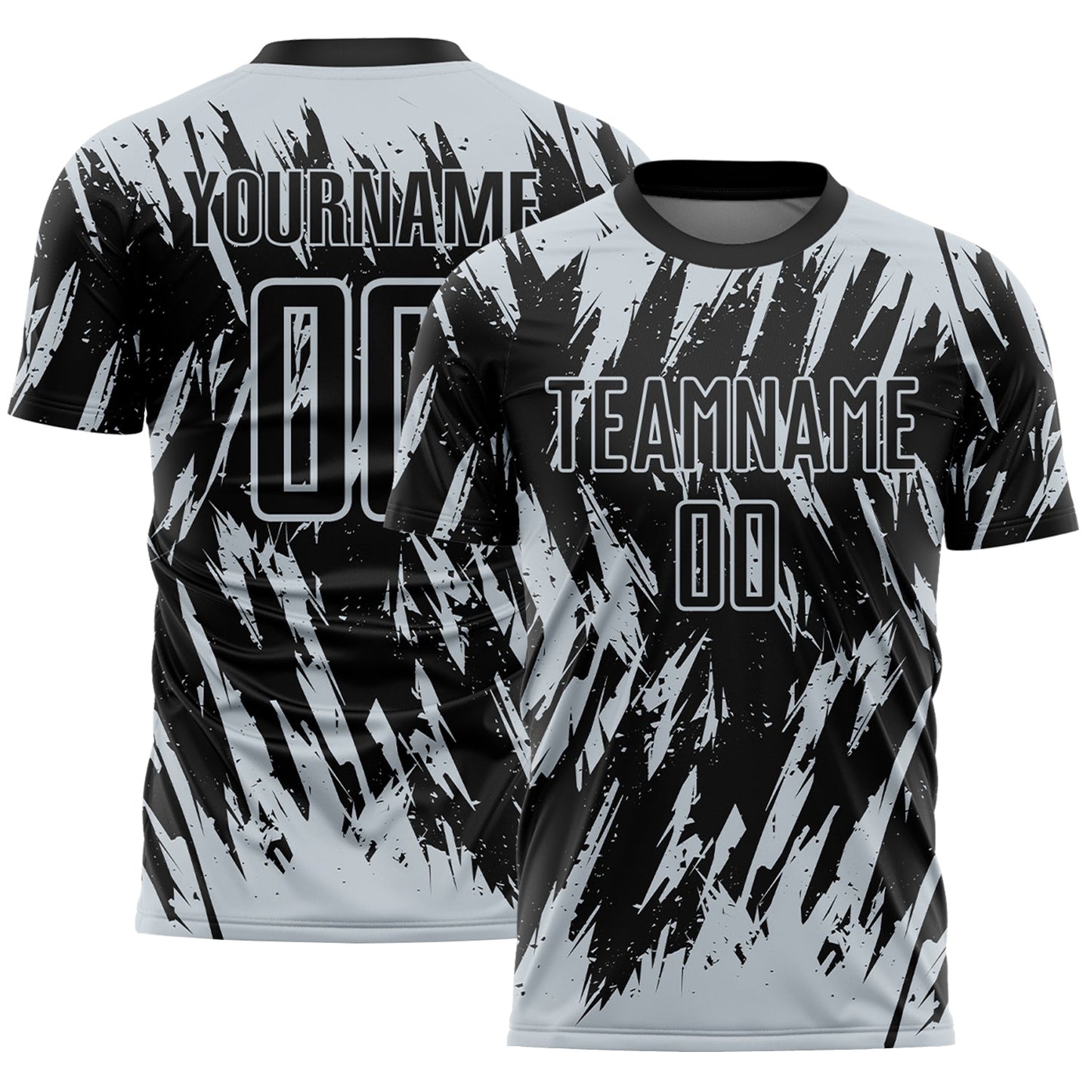Custom Black-Silver Splatter Torn Sharp Brush Stroke Sublimation Soccer Uniform Jersey - Main View