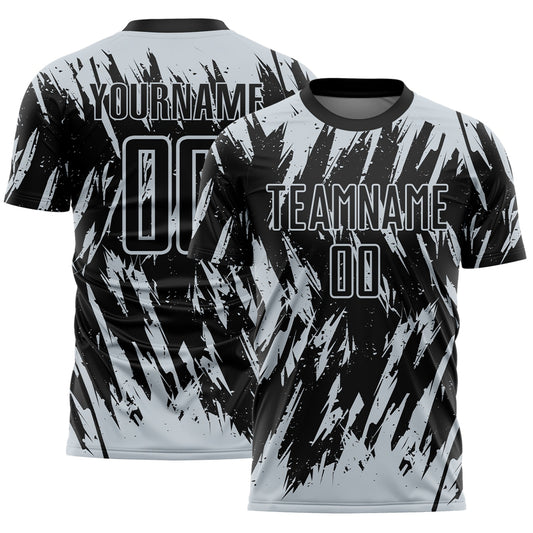 Custom Black-Silver Splatter Torn Sharp Brush Stroke Sublimation Soccer Uniform Jersey - Main View