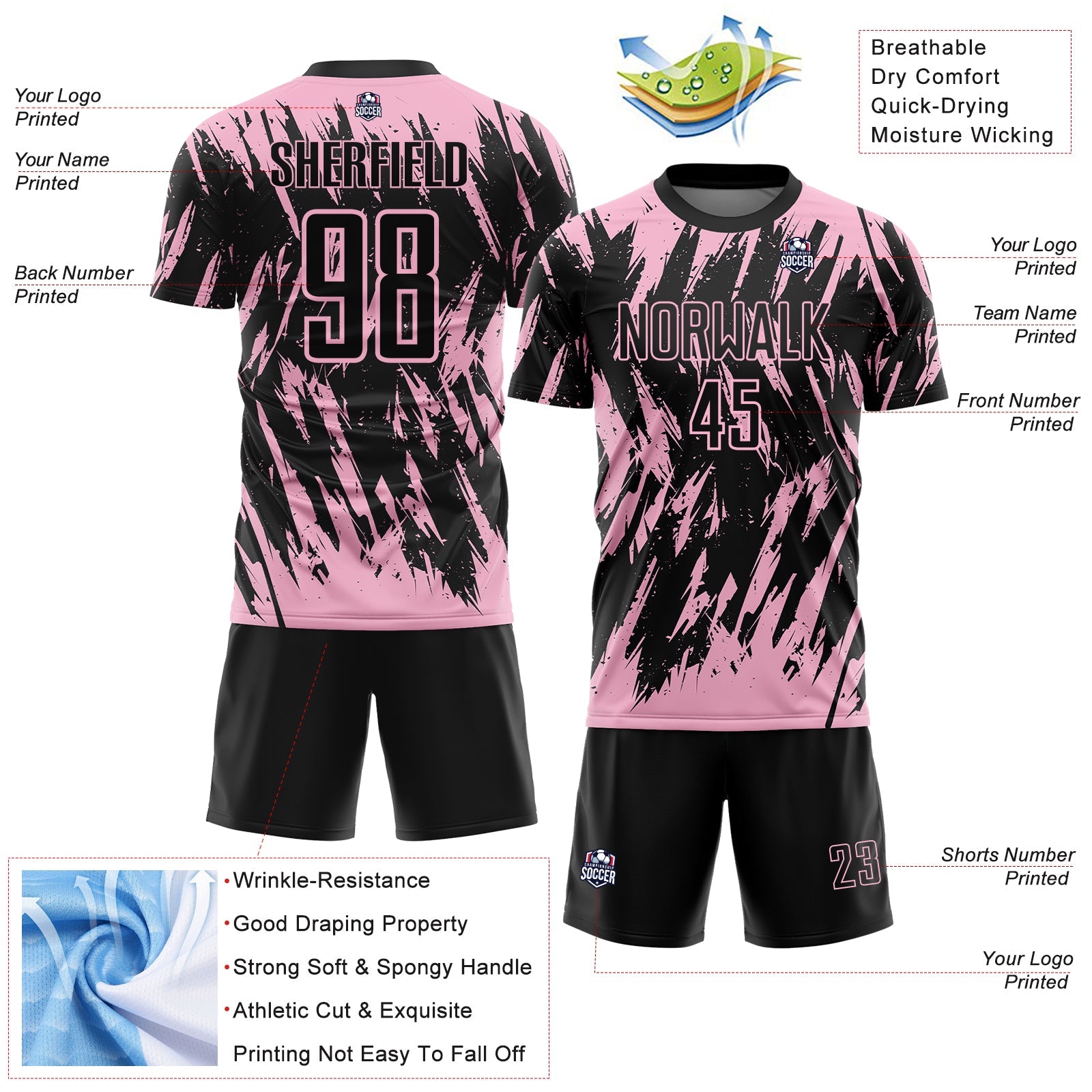 Custom Black-Light Pink Splatter Torn Sharp Brush Stroke Sublimation Soccer Uniform Jersey view 4