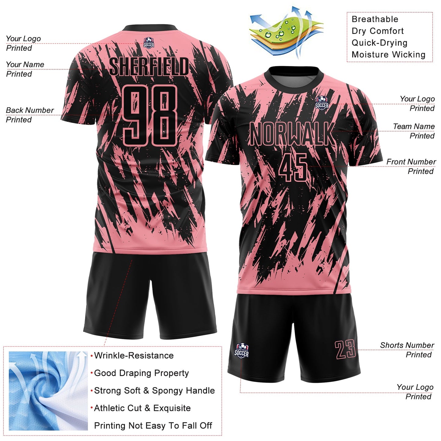 Custom Black-Medium Pink Splatter Torn Sharp Brush Stroke Sublimation Soccer Uniform Jersey view 4