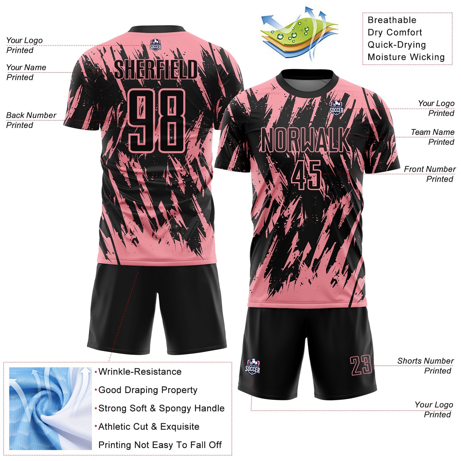 Custom Black-Medium Pink Splatter Torn Sharp Brush Stroke Sublimation Soccer Uniform Jersey view 4