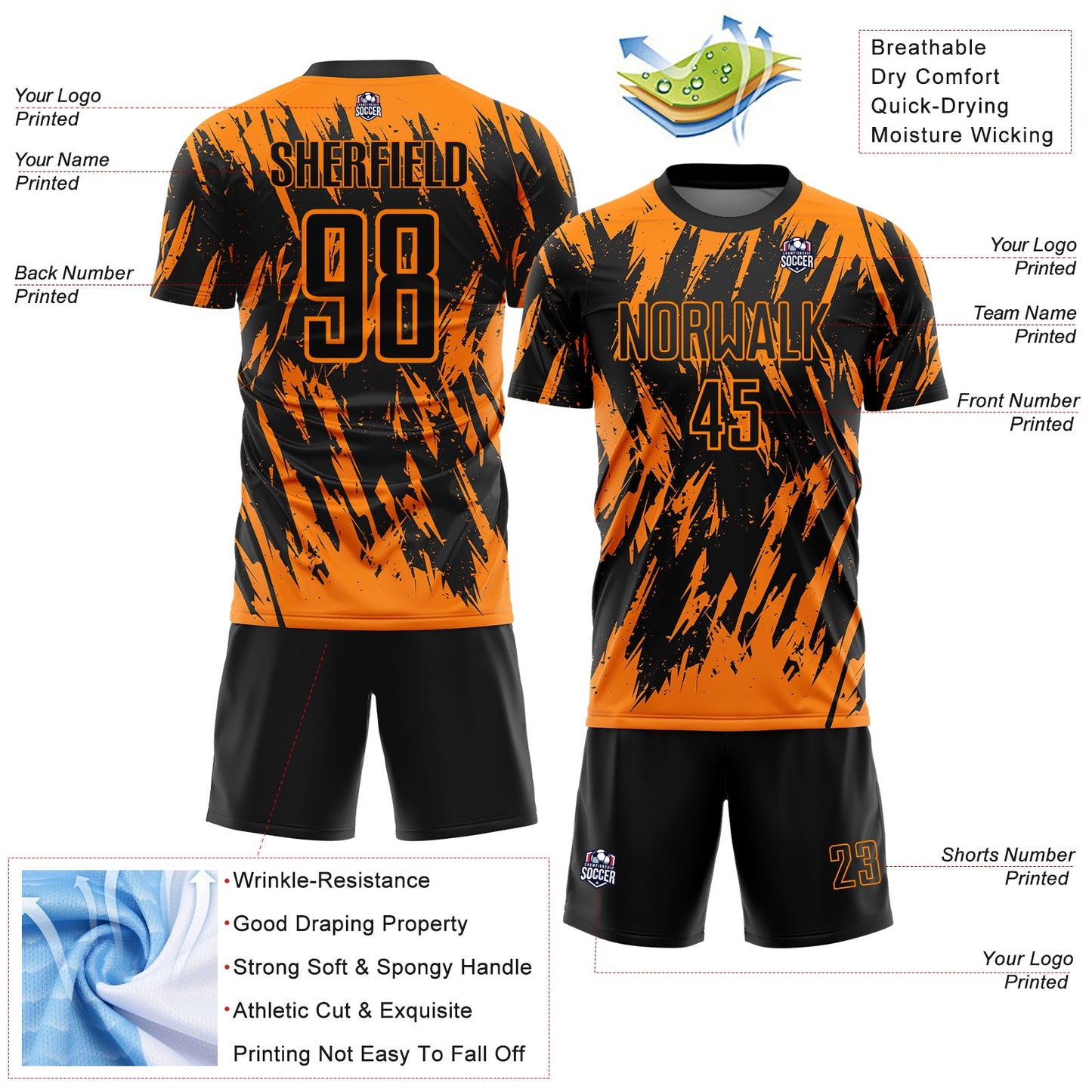Custom Black-Bay Orange Splatter Torn Sharp Brush Stroke Sublimation Soccer Uniform Jersey view 4