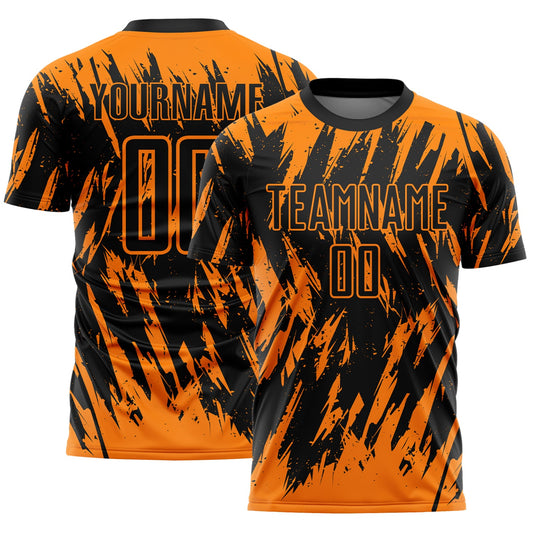 Custom Black-Bay Orange Splatter Torn Sharp Brush Stroke Sublimation Soccer Uniform Jersey - Main View