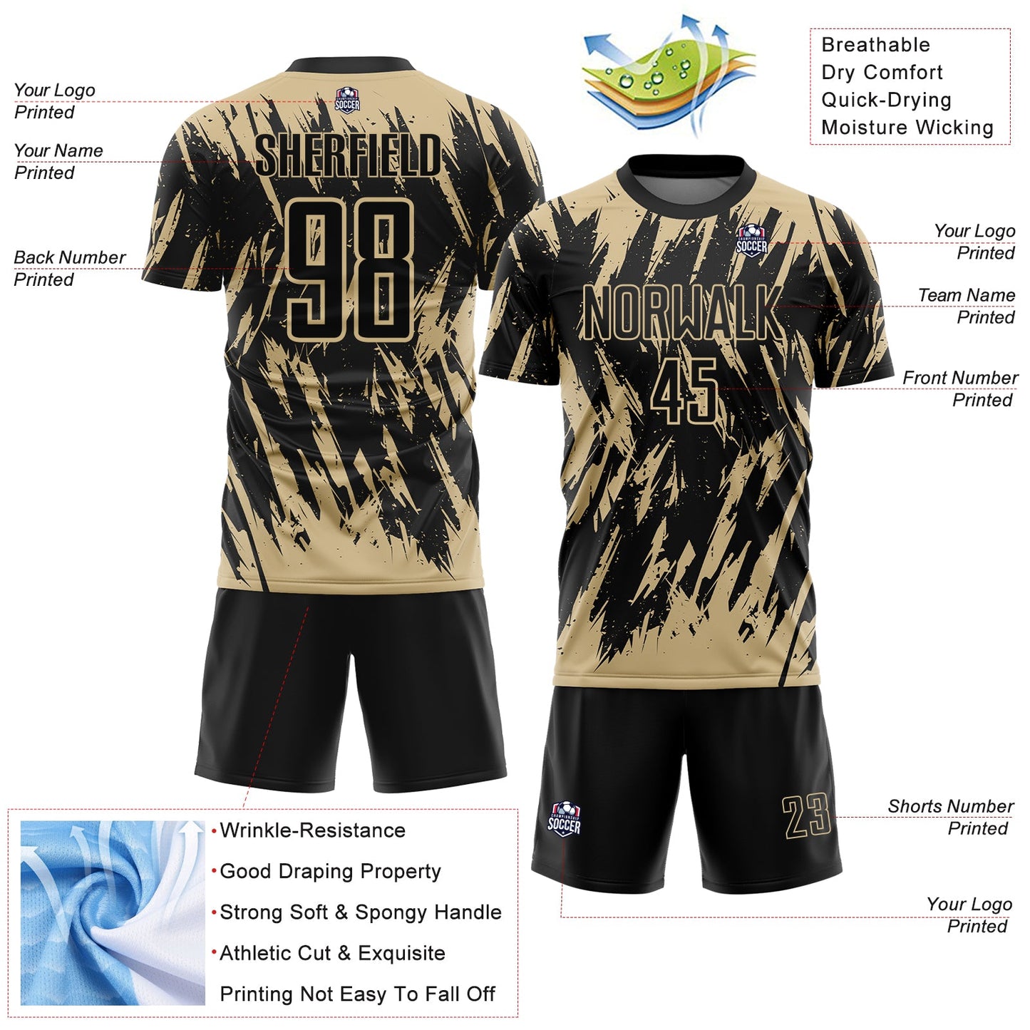 Custom Black-Vegas Gold Splatter Torn Sharp Brush Stroke Sublimation Soccer Uniform Jersey view 4