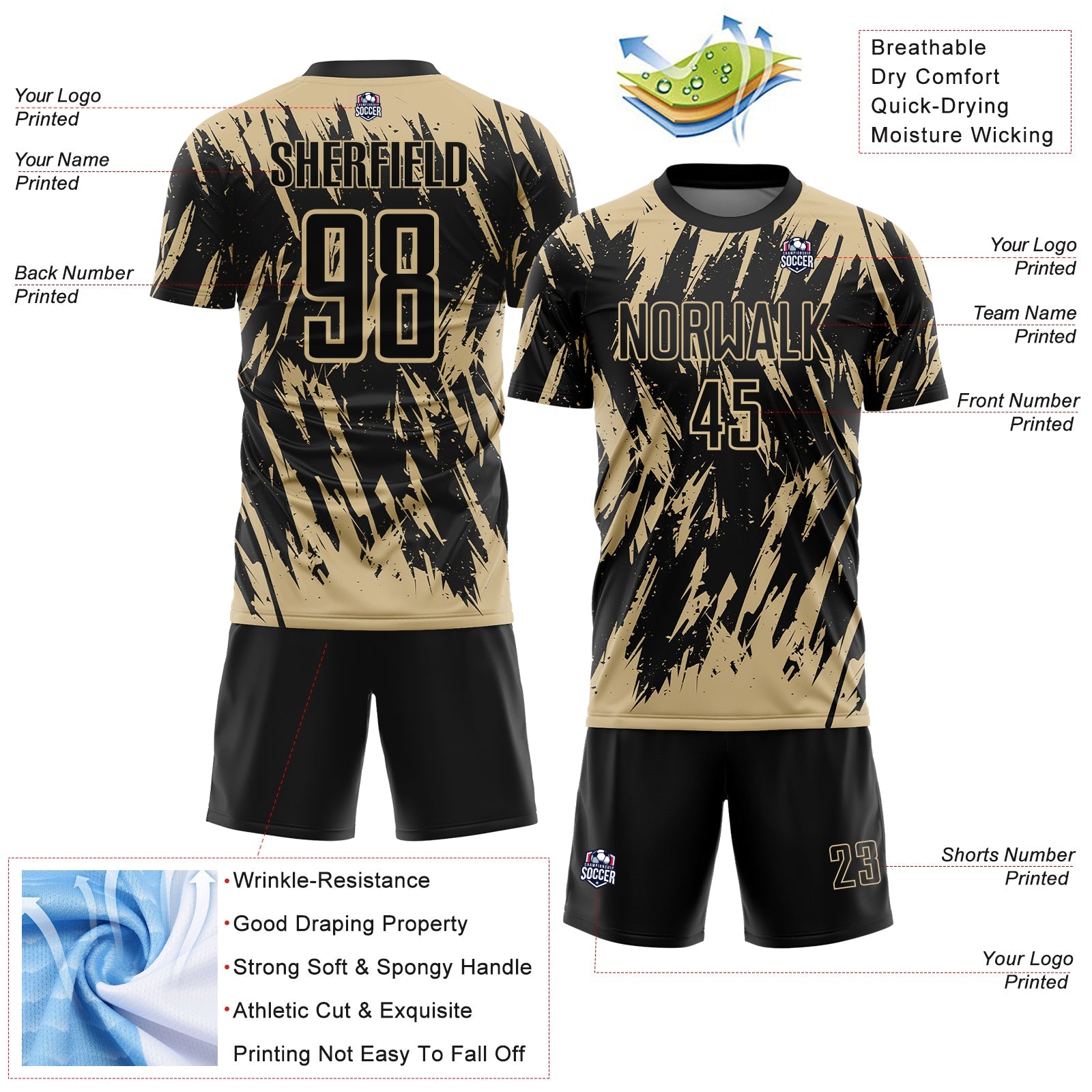 Custom Black-Vegas Gold Splatter Torn Sharp Brush Stroke Sublimation Soccer Uniform Jersey view 4