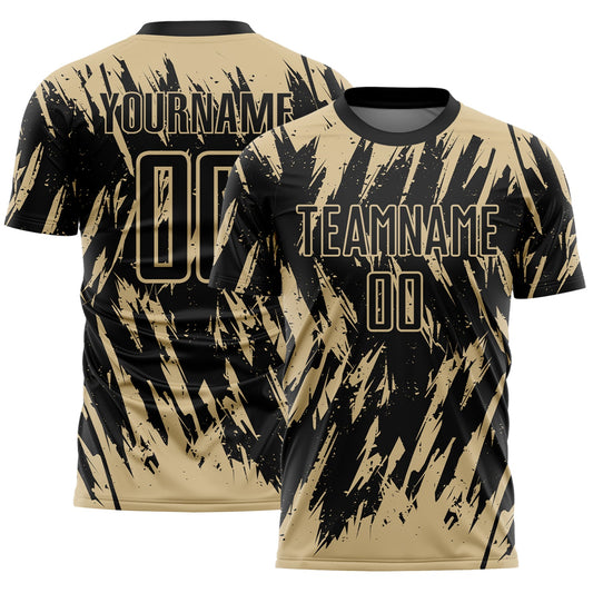 Custom Black-Vegas Gold Splatter Torn Sharp Brush Stroke Sublimation Soccer Uniform Jersey - Main View