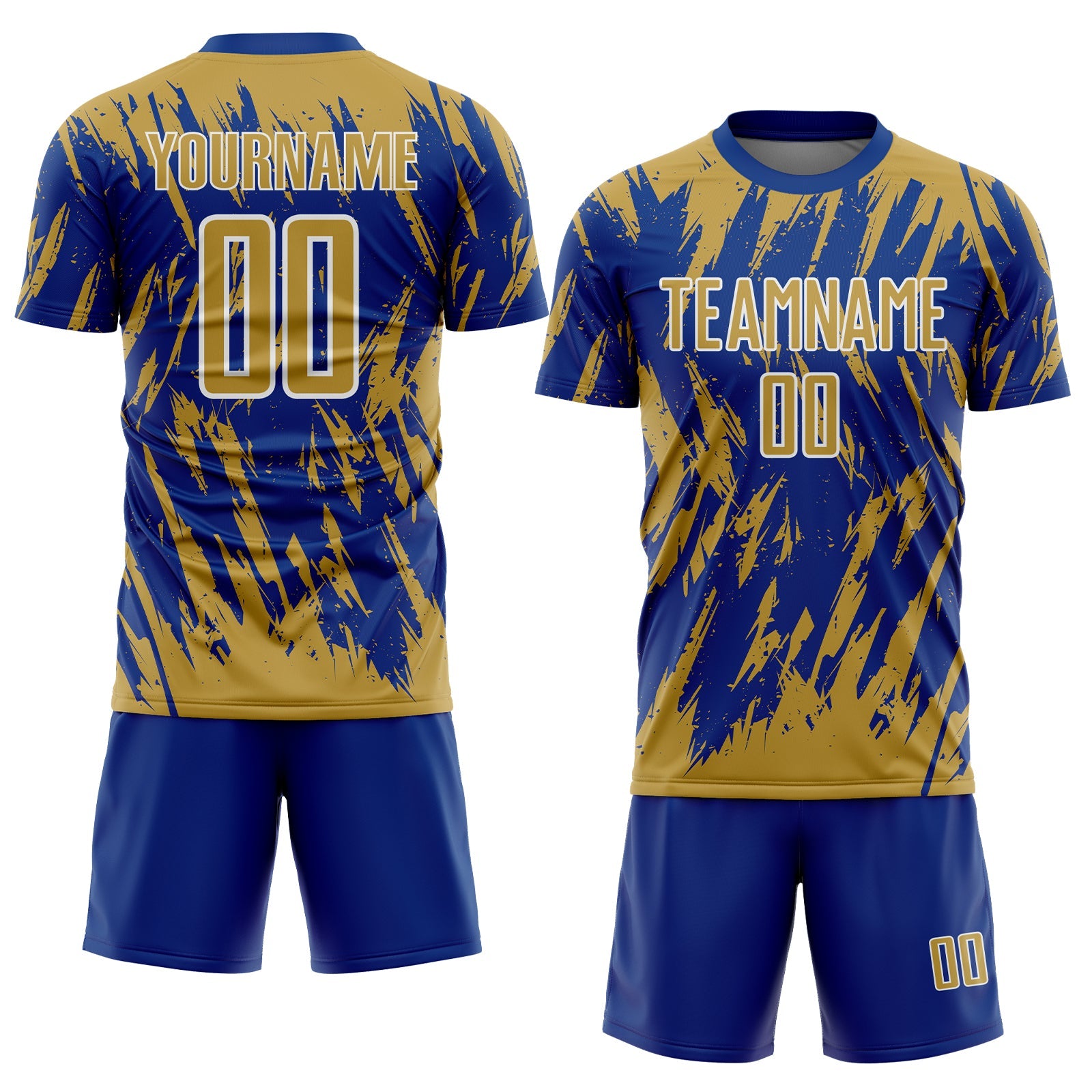 Custom Royal Old Gold-White Splatter Torn Sharp Brush Stroke Sublimation Soccer Uniform Jersey view 2
