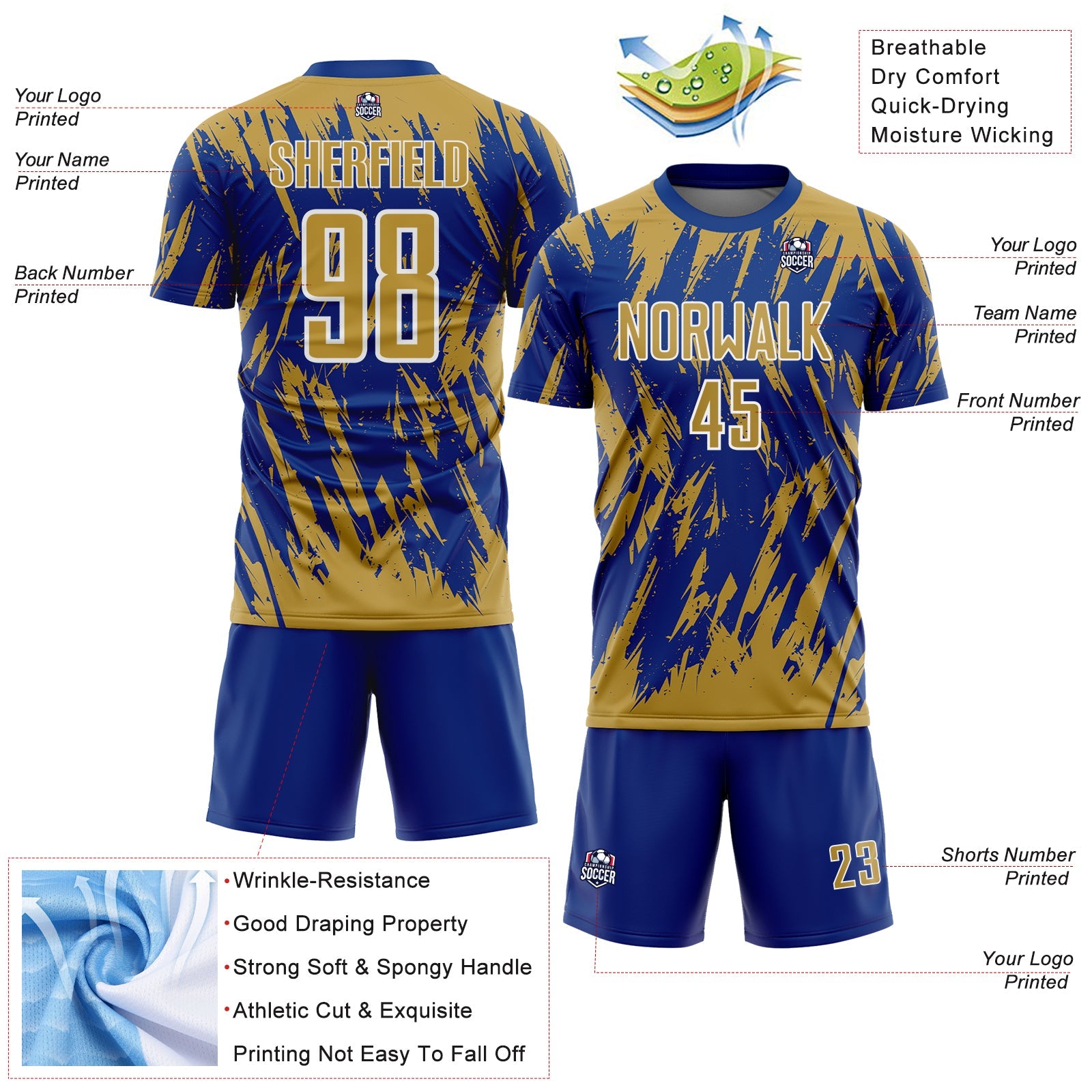 Custom Royal Old Gold-White Splatter Torn Sharp Brush Stroke Sublimation Soccer Uniform Jersey view 4